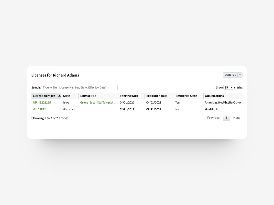 Agent licenses screen in AgencyBloc