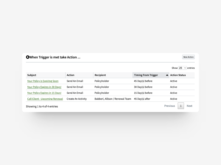 Policy renewal Automated Workflow actions in AgencyBloc