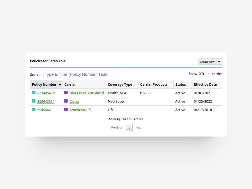 Individual policy screen in AgencyBloc