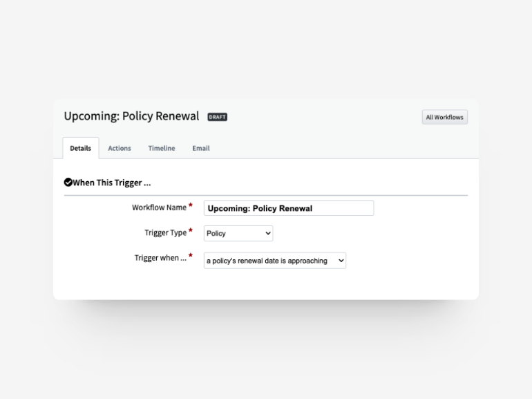 Policy renewal workflow in AgencyBloc